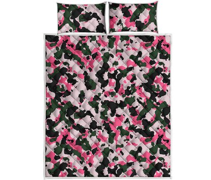 Pink Green And Black Camouflage Print Quilt Bed Set