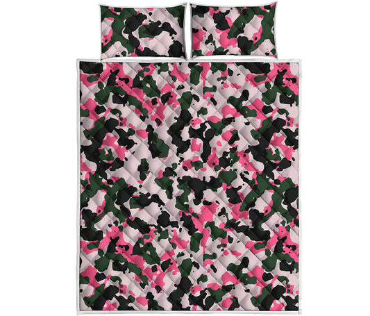 Pink Green And Black Camouflage Print Quilt Bed Set