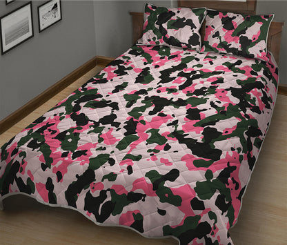 Pink Green And Black Camouflage Print Quilt Bed Set