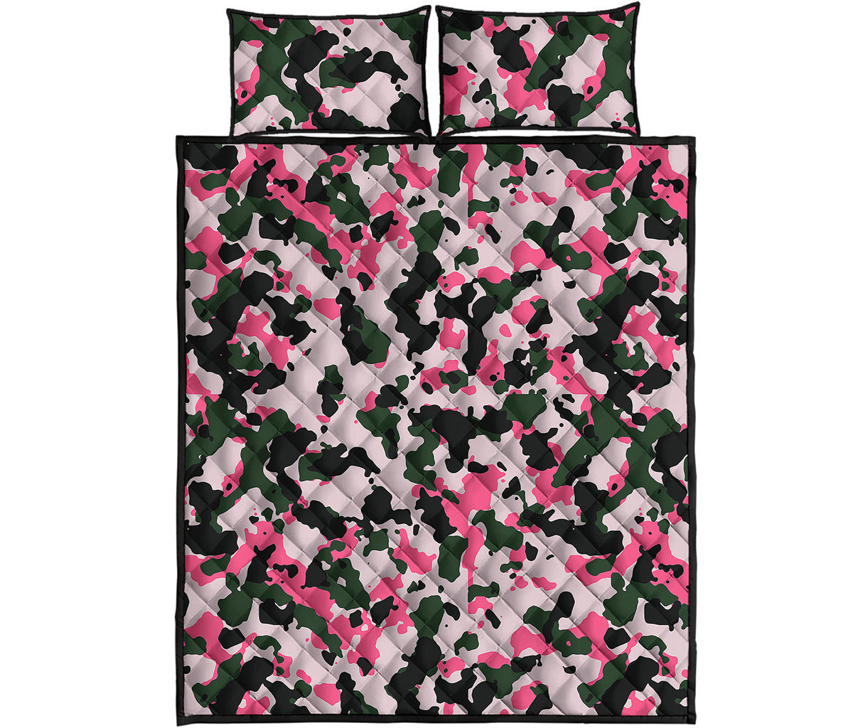 Pink Green And Black Camouflage Print Quilt Bed Set
