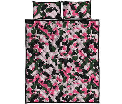 Pink Green And Black Camouflage Print Quilt Bed Set