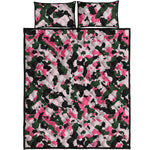 Pink Green And Black Camouflage Print Quilt Bed Set