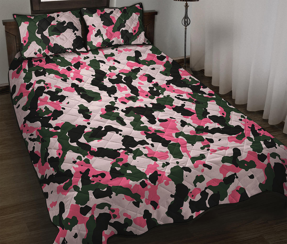 Pink Green And Black Camouflage Print Quilt Bed Set