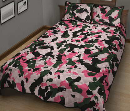 Pink Green And Black Camouflage Print Quilt Bed Set