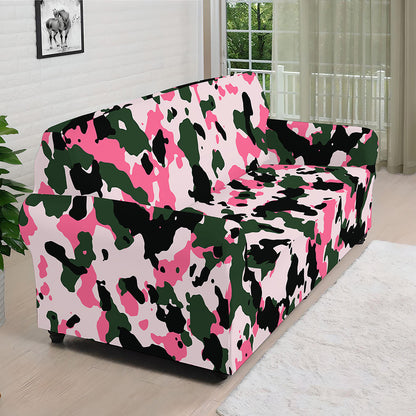 Pink Green And Black Camouflage Print Sofa Cover