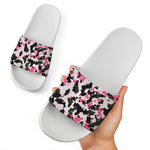 Pink Green And Black Camouflage Print White Slide Sandals