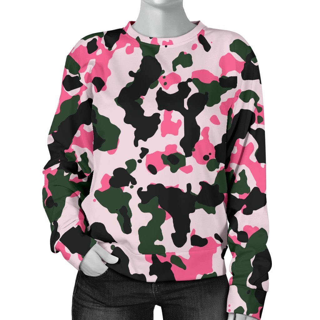 Pink Green And Black Camouflage Print Women's Crewneck Sweatshirt GearFrost
