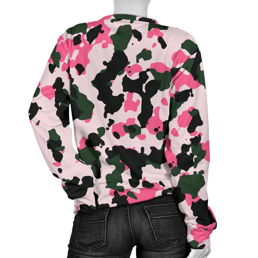 Pink Green And Black Camouflage Print Women's Crewneck Sweatshirt GearFrost