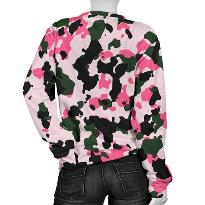 Pink Green And Black Camouflage Print Women's Crewneck Sweatshirt GearFrost
