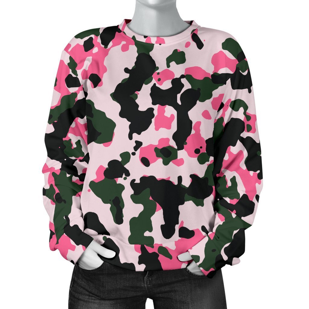 Pink Green And Black Camouflage Print Women's Crewneck Sweatshirt GearFrost