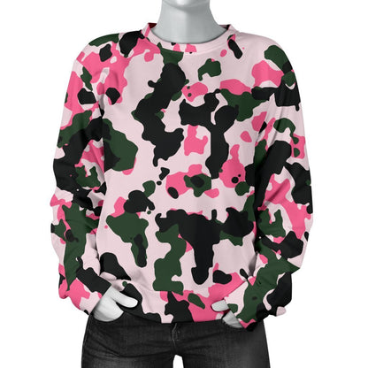 Pink Green And Black Camouflage Print Women's Crewneck Sweatshirt GearFrost