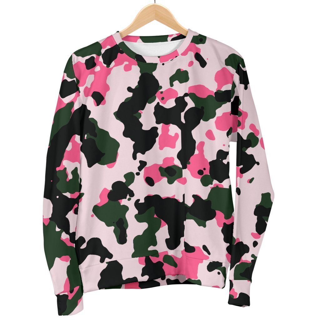 Pink Green And Black Camouflage Print Women's Crewneck Sweatshirt GearFrost