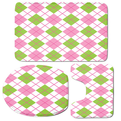 Pink Green And White Argyle Print 3 Piece Bath Mat Set