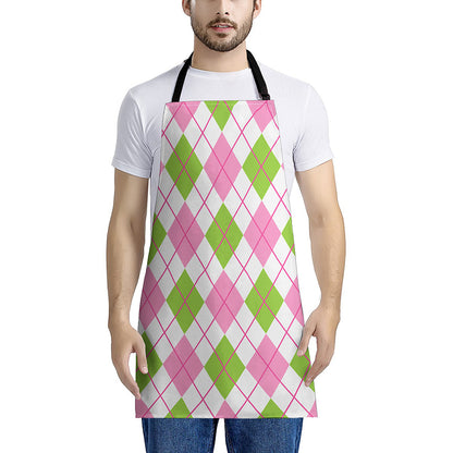 Pink Green And White Argyle Print Apron