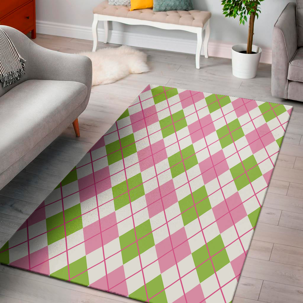 Pink Green And White Argyle Print Area Rug