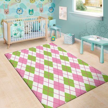 Pink Green And White Argyle Print Area Rug