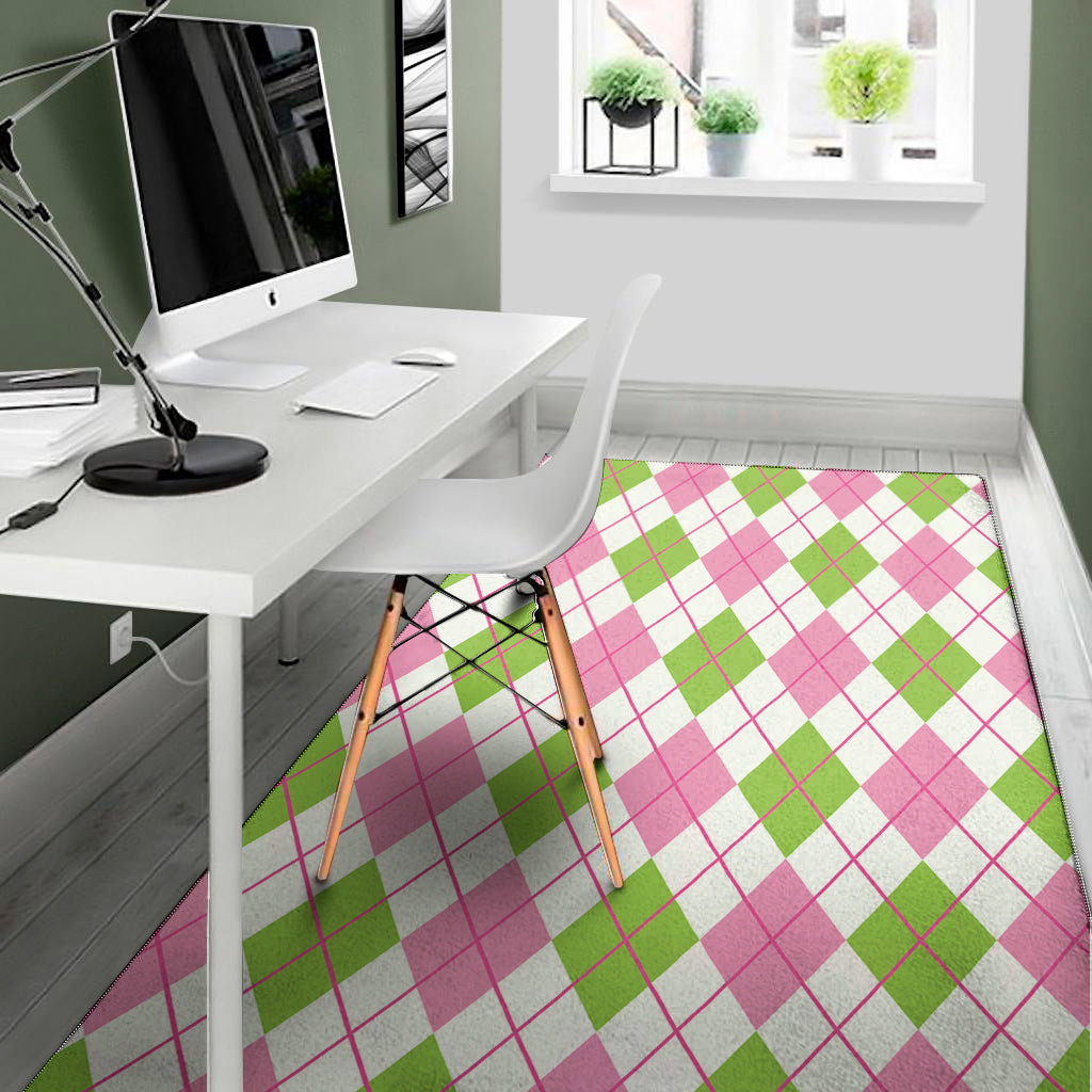 Pink Green And White Argyle Print Area Rug