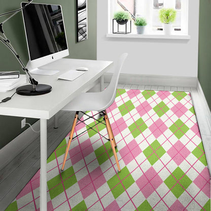 Pink Green And White Argyle Print Area Rug