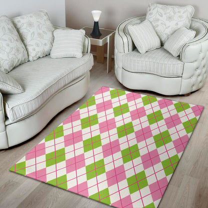 Pink Green And White Argyle Print Area Rug