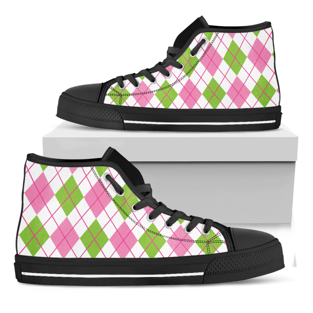 Pink Green And White Argyle Print Black High Top Shoes