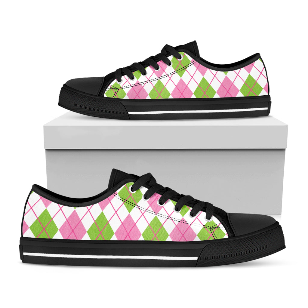 Pink Green And White Argyle Print Black Low Top Shoes