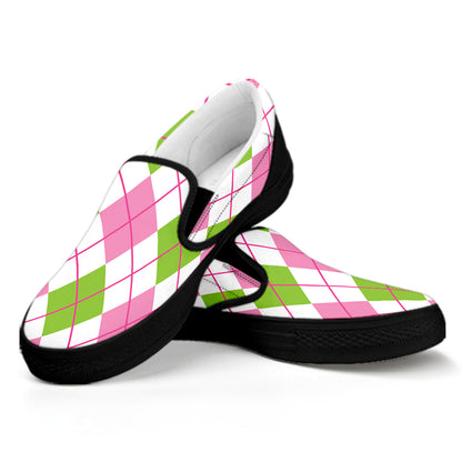 Pink Green And White Argyle Print Black Slip On Shoes
