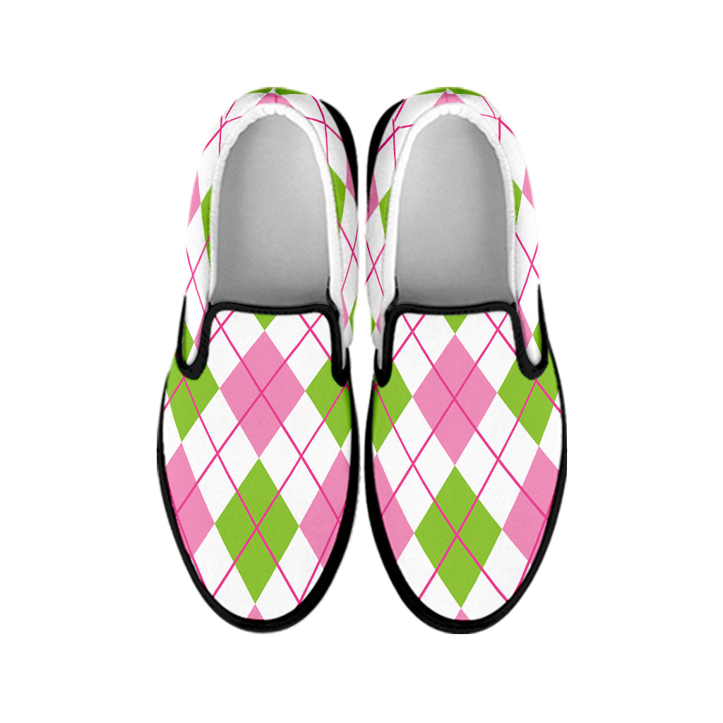 Pink Green And White Argyle Print Black Slip On Shoes