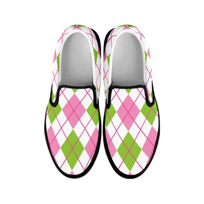 Pink Green And White Argyle Print Black Slip On Shoes