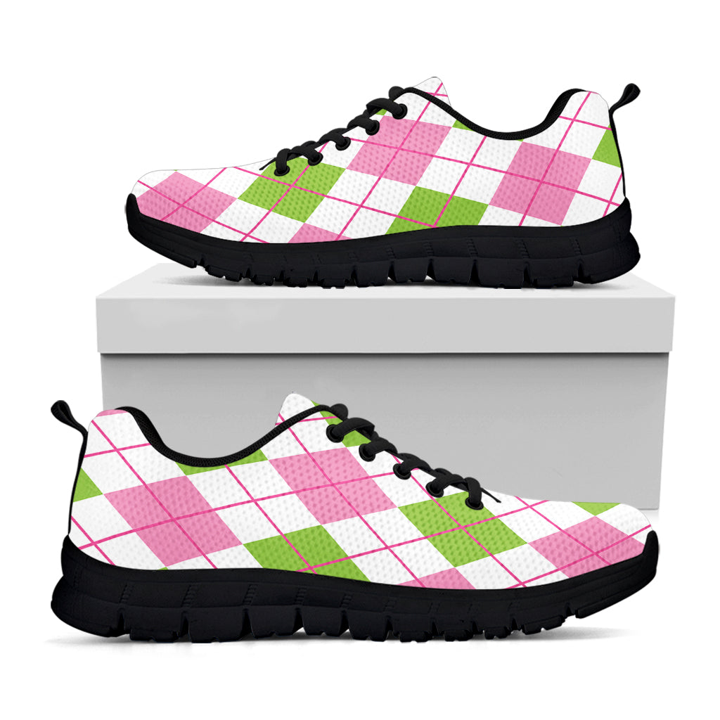 Pink Green And White Argyle Print Black Sneakers