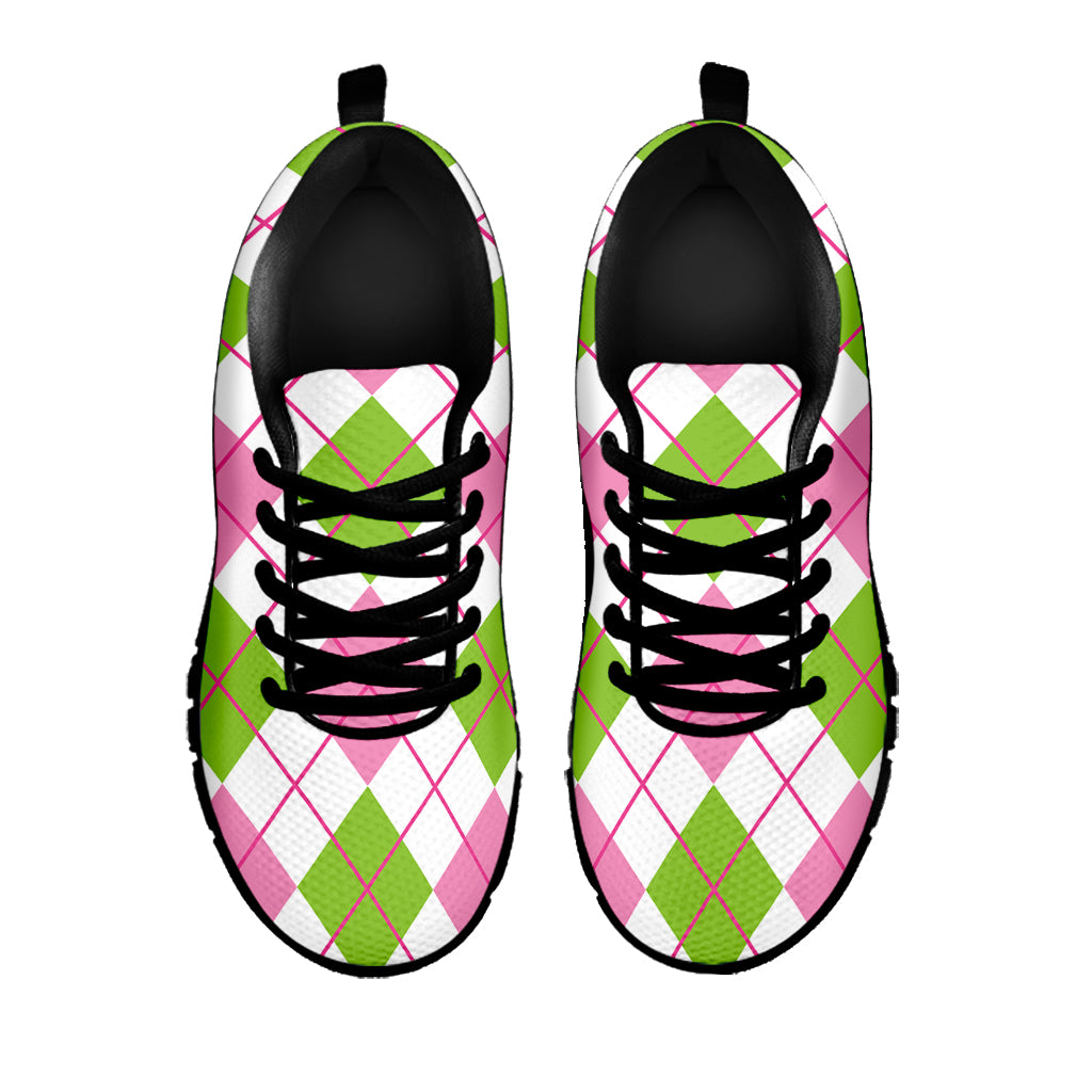 Pink Green And White Argyle Print Black Sneakers