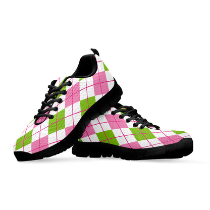 Pink Green And White Argyle Print Black Sneakers