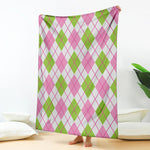 Pink Green And White Argyle Print Blanket