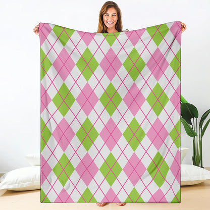 Pink Green And White Argyle Print Blanket