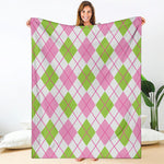 Pink Green And White Argyle Print Blanket