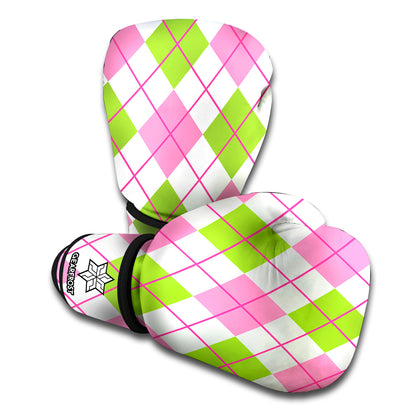 Pink Green And White Argyle Print Boxing Gloves