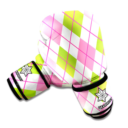 Pink Green And White Argyle Print Boxing Gloves