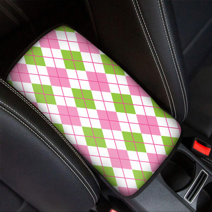Pink Green And White Argyle Print Car Center Console Cover