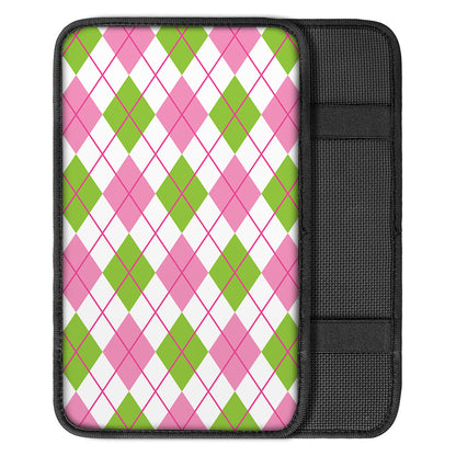 Pink Green And White Argyle Print Car Center Console Cover