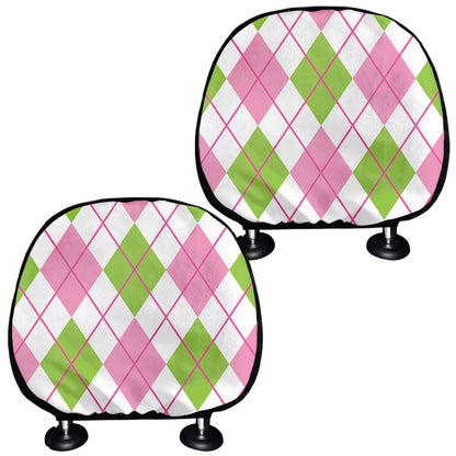 Pink Green And White Argyle Print Car Headrest Covers
