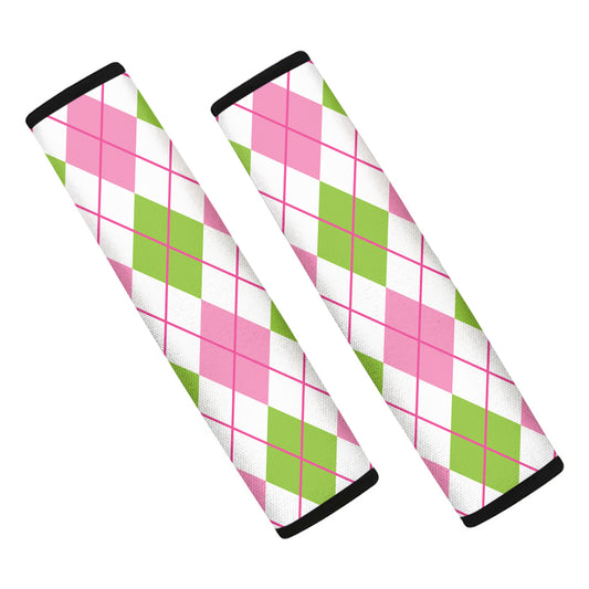 Pink Green And White Argyle Print Car Seat Belt Covers