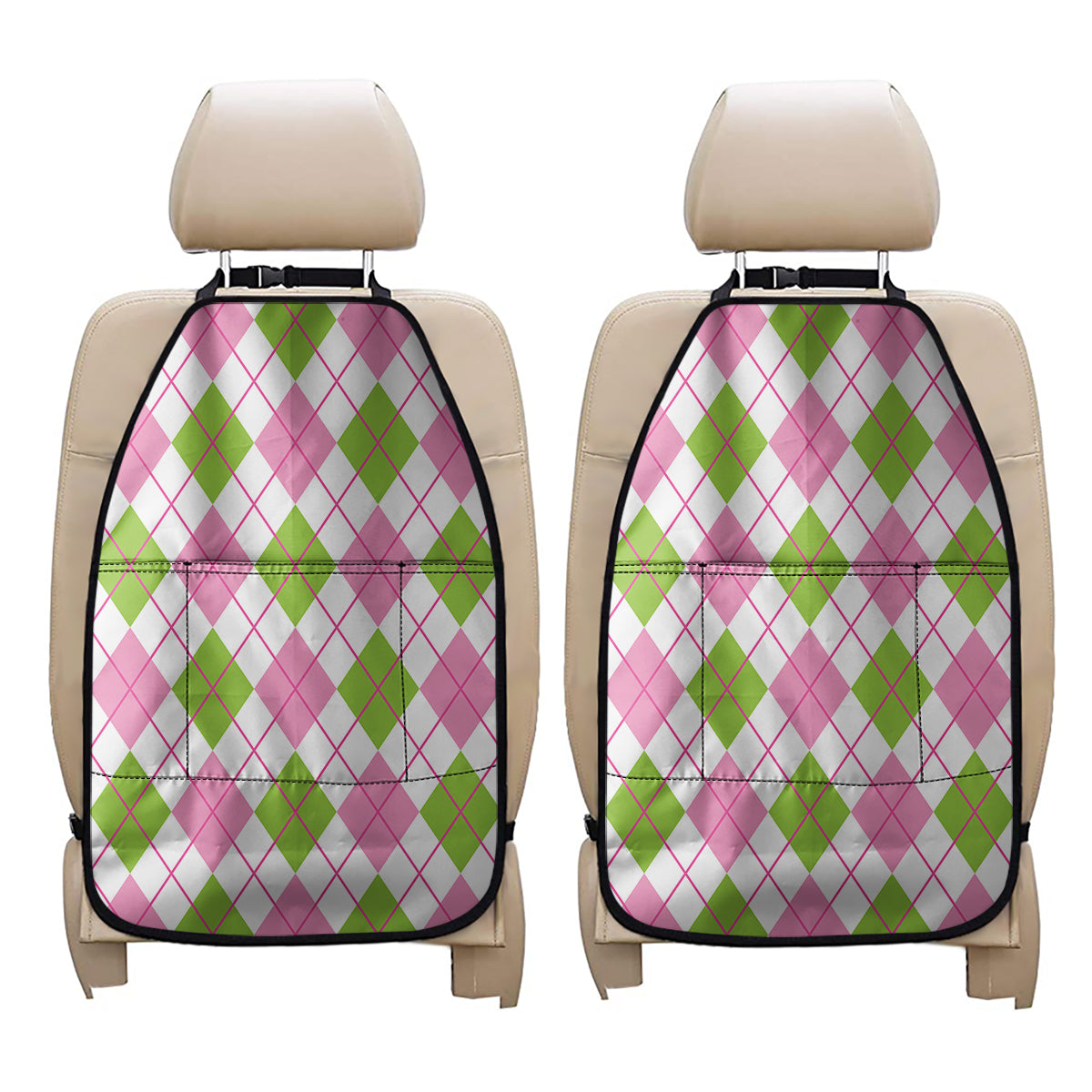Pink Green And White Argyle Print Car Seat Organizers