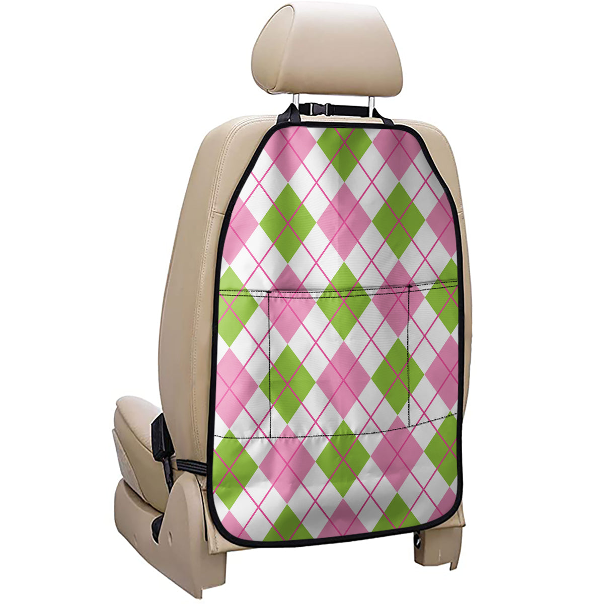 Pink Green And White Argyle Print Car Seat Organizers
