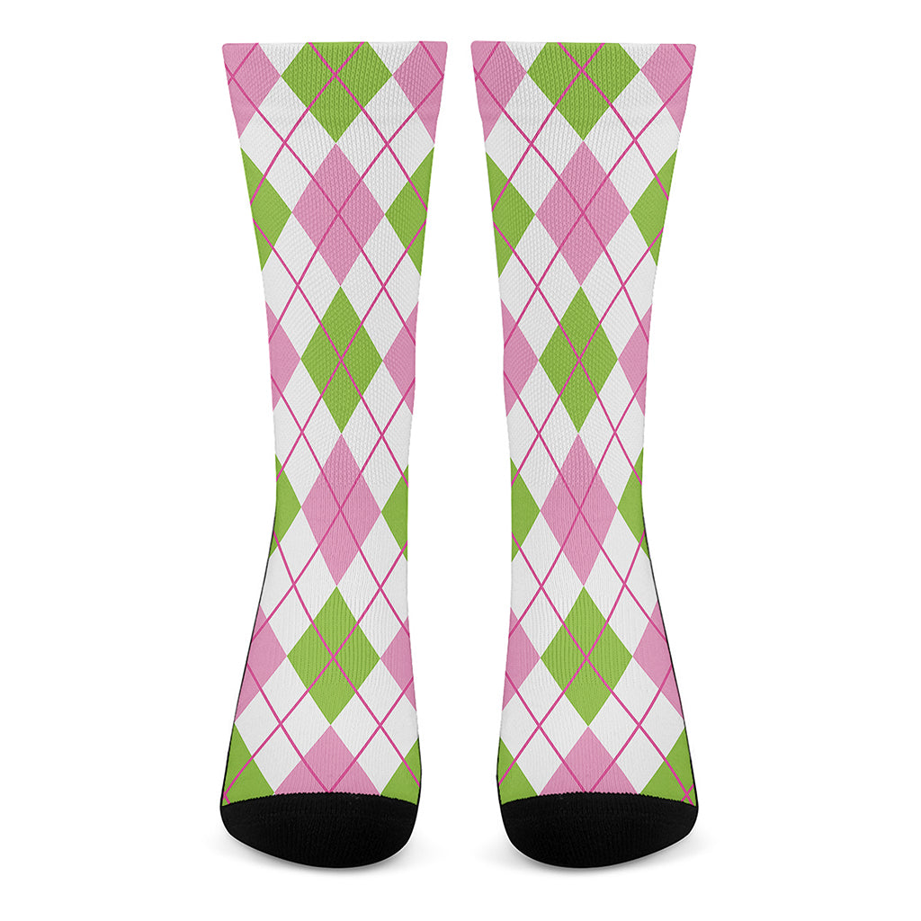 Pink Green And White Argyle Print Crew Socks