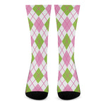 Pink Green And White Argyle Print Crew Socks