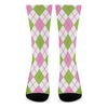 Pink Green And White Argyle Print Crew Socks