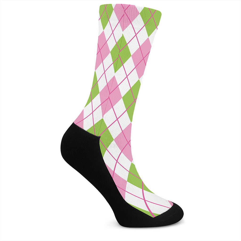 Pink Green And White Argyle Print Crew Socks