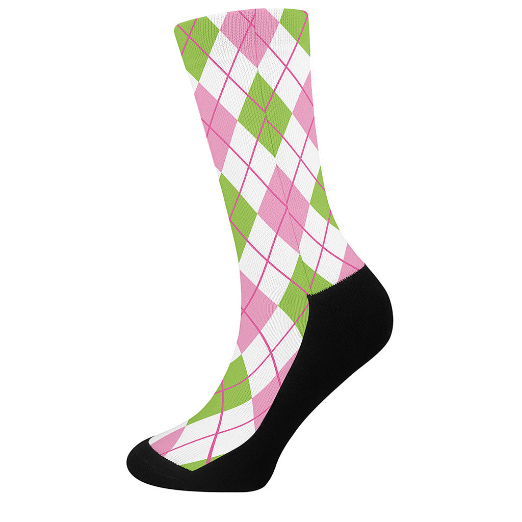 Pink Green And White Argyle Print Crew Socks