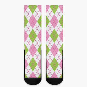 Pink Green And White Argyle Print Crew Socks