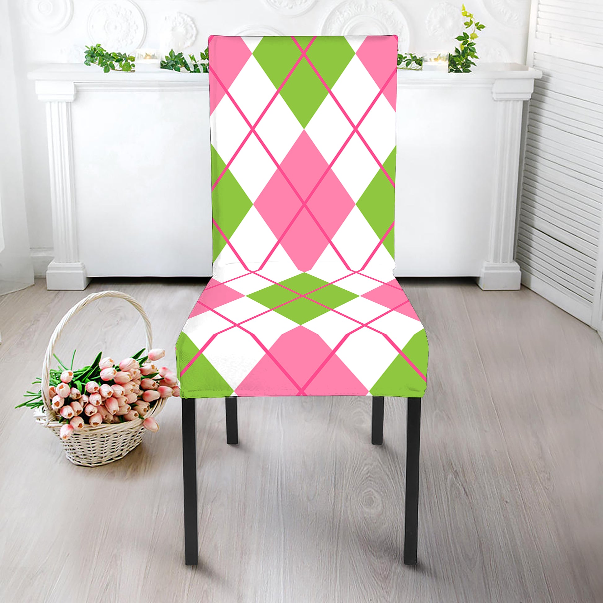 Pink Green And White Argyle Print Dining Chair Slipcover