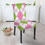 Pink Green And White Argyle Print Dining Chair Slipcover